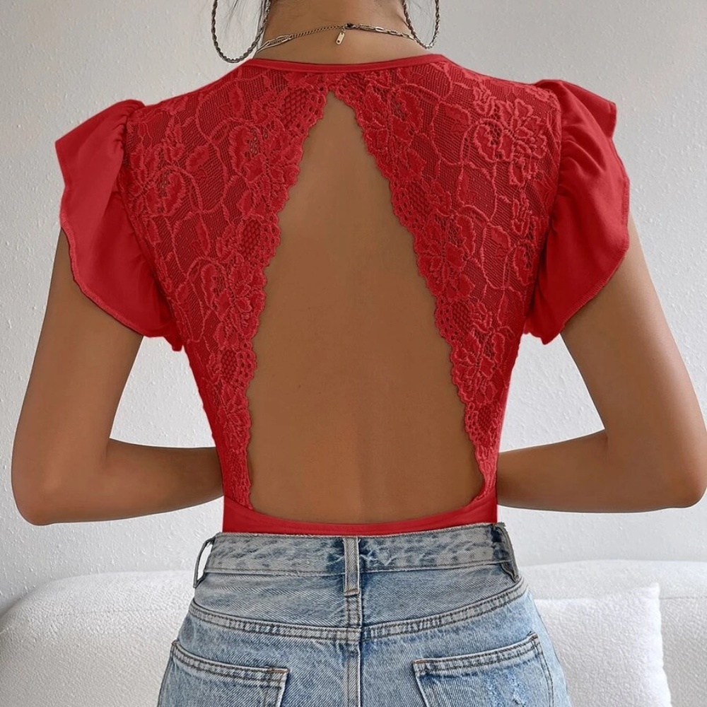 Boho Floral Lace Ruffle Sleeve Open Back Bodysuit - Picture 6 of 11